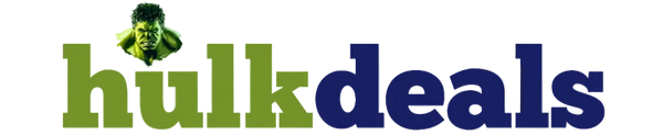 The logo for 'hulkdeals' features the word 'hulk' in olive green and 'deals' in dark navy blue, with a small graphic of the Hulk's head above the 'u' in 'hulk'.