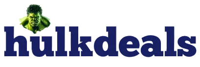 A logo featuring the word 'hulkdeals' in dark blue lowercase letters with a small green Hulk character graphic above the 'H', on a plain white background.